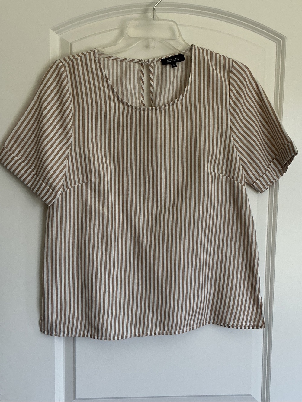 Roolee Cream & Tan Vertical Stripe Short Sleeve Blouse
